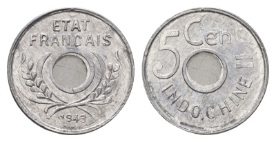 Французский Индокитай 5 сантимов 1943 год-тип KM 27 алюминий UNC 4147-1251