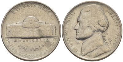США 5 ЦЕНТОВ 1988 D, ДЖЕФФЕРСОН KM А192 медно-никель 31-654