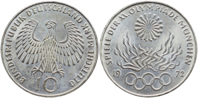ФРГ 10 марок 1972 D, XX летние Олимпийские игры 1972 года в Мюнхене, олимпийский огонь KM 135, J.405 серебро UNC 1520-1512