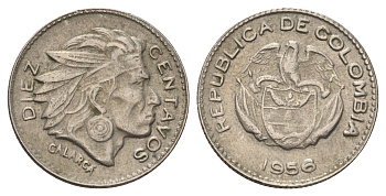 Колумбия 10 сентаво 1956 KM 212 медно-никель 4189-241