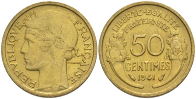 ФРАНЦИЯ 50 САНТИМОВ 1941 ТИП MORLON KM 894.1, LE FRANC 192.18 алюминиевая бронза 44-614