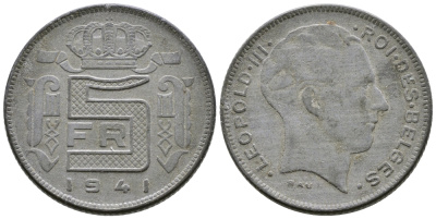 БЕЛЬГИЯ 5 ФРАНКОВ 1941 BELGES, ГЕРМАНСКАЯ ОККУПАЦИЯ, ВТОРАЯ МИРОВАЯ ВОЙНА KM 129.1 цинк 177-1045