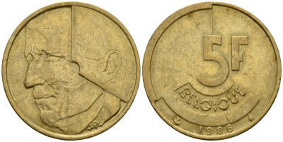 Бельгия 5 франков 1986 Belgique, Бодуэн I (1951-1993) KM 163 алюминиевая бронза 4601-145