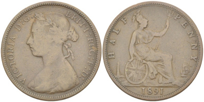 Великобритания 1/2 пенни 1891 Виктория (1837-1901) KM 754, Spink 3956 бронза 4543-1233