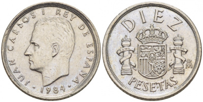 ИСПАНИЯ 10 ПЕСЕТ 1984 ХУАН КАРЛОС I (1975-) KM 827 медно-никель 3309-317