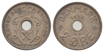Дания 2 эре 1935 N, Кристиан X (1912-1947) KM 827 бронза 4701-821