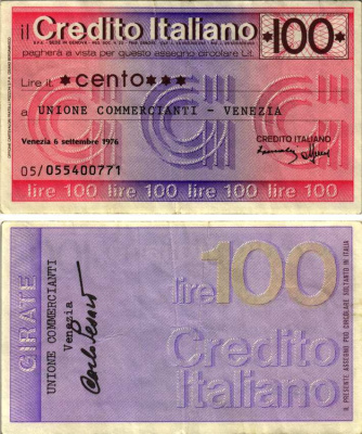 Италия чек на 100 лир 1976 6 сентября 1976, credito Italiano бумага 7204-37-3-2