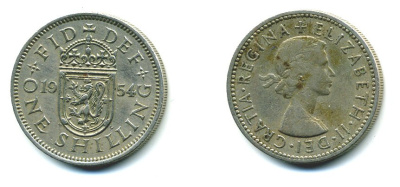 Великобритания 1 шиллинг 1954 Елизавета II (1952-2022), Шотландский герб KM 905, Spink 4148 медно-никель 540-543
