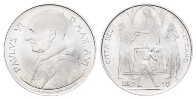 Ватикан 10 лир 1968 MCMLXVIII, год-тип KM 103 алюминий UNC 4700-635