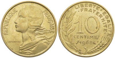 ФРАНЦИЯ 10 САНТИМОВ 1968 ТИП MARIANNE KM 929, LE FRANC 144.8 алюминиевая бронза 116-424
