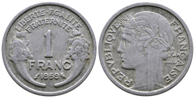 ФРАНЦИЯ 1 ФРАНК 1959 ТИП MORLON, LEGERE KM 885a.1, LE FRANC 221.23 алюминий 25-541
