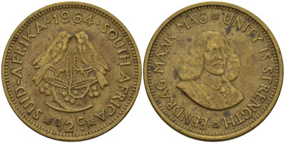ЮАР 1/2 ЦЕНТА 1964 ЯН ВАН РИБЕК (1619-1677), ГОЛАНДСКИЙ ИССЛЕДОВАТЕЛЬ , МОРЕПЛАВАТЕЛЬ, ОСНОВАТЕЛЬ Г. КЕЙПТАУНА, ДВЕ ПТИЧКИ НА ВЕТКЕ С ЯГОДАМИ KM 56 латунь 67-242