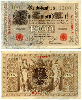 Германия 1000 марок 1910 21 апреля 1910, красная печать, номер семизначный, серия A, буква X, выпуск АПРЕЛЬ - ИЮЛЬ 1918 Pick 44, Роземберг 45b бумага VF- 2194-22-2-2