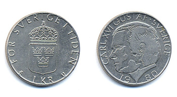 Швеция 1 крона 1980 Карл XVI Густав (1973- ) KM 852 медь плакированная медно-никелем 51-4312