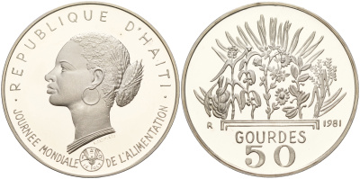 Гаити 50 гурдов 1981 50 лет FAO, голова женщины KM 149 серебро PROOF 1066-1-55