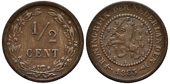 Нидерланды 1/2 цента 1883  KM 109 бронза 1530-322