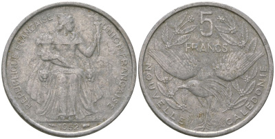Французская Новая Каледония 5 франков 1952 птица кагу, (IEOM) KM 4, Schoen 4, Lec 71 алюминий 180-136