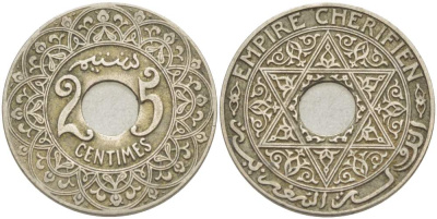 Марокко 25 сантимов 1921 Мулай Юсуф (1912-1927), Французский протекторат KM 34.1 медно-никель 4523-1145