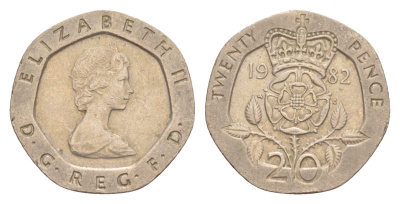 Великобритания 20 пенсов 1982 Елизавета II (1952-2022) KM 931, Spink 4230 (G1) медно-никель 4639-816