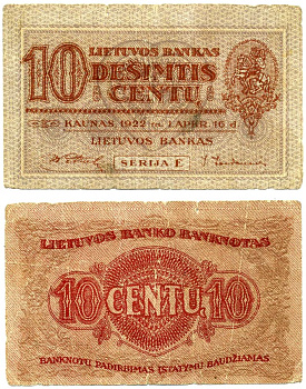 Литовская Республика 10 центов 1922 КАУНАС, 16 декабря 1922 года Pick 10, Кардаков К18.1.10 бумага 00-00