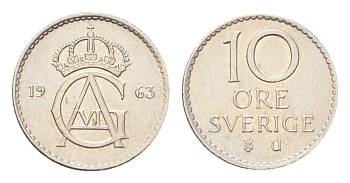 Швеция 10 эре 1963 TS Густав VI Адольф (1950-1973) KM 835 медно-никель 4705-926