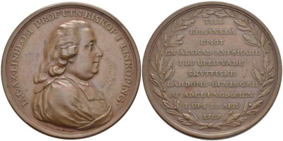Швеция медаль 1787 Jacob Axelsson Lindblom (1736-1846) Архиепископ Уппсалы, диаметр 42,5 мм., вес 33,34 гр., медальер Liungberger бронза 1084-4-24