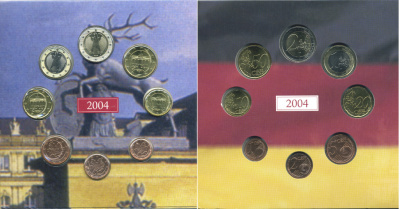Германия набор из 3 евронаборов по 8 монет 2002-2004 буква F, мондвор Штутгарт, оригинальный официальный набор из трех евронаборов, в картонном буклете UNC 2-5-1-12