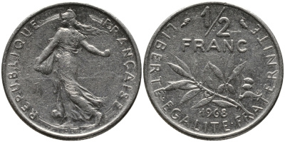 ФРАНЦИЯ 1/2 ФРАНКА 1968 СЕЯТЕЛЬ KM 931.1 никель 261-1144