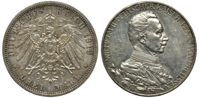Пруссия 3 марки 1913 Вильгельм II (1888-1918) в мундире KM 535, J.112 серебро aUNC 413-6625