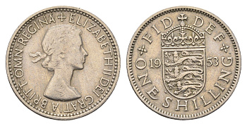 Великобритания 1 шиллинг 1953 год-тип, Елизавета II (1952-2022), Английский герб KM 890, Spink 4139 медно-никель 4699-451