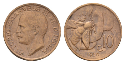 Италия 10 чентезимо 1920 R, Виктор Эммануил III (1900-1946) KM 60 бронза 3996-917