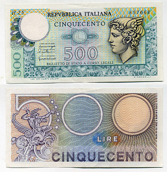 Италия 500 лир 1976 Меркурий Pick 95 бумага 6279-3-1-2