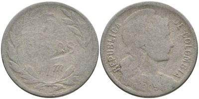 КОЛУМБИЯ 5 ПЕСО 1909 p/m, ИНФЛЯЦИОННЫЙ ВЫПУСК KM 279 медно-никель 4529-852