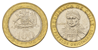 Чили 100 песо 2010 индейцы Мапуче KM 236 биметалл UNC 4695-1144