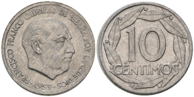 Испания 10 сентимо 1959 Франсиско Франко (1939-1975) KM 790 алюминий 4602-1222