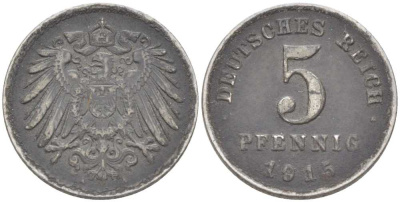 ГЕРМАНИЯ 5 ПФЕННИГОВ 1915 A KM 19, J. 297 железо 66-935