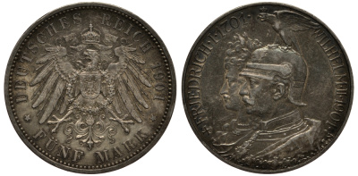 Пруссия 5 марок 1901 A, 200 лет Прусской королевской династии (Фридрих I - Вильгельм II) KM 526, J.106 серебро aUNC 3711-334