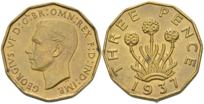 Великобритания 3 пенса 1937 Георг VI (1936-1952) KM 849, Spink 4112 никель латунь 33-656