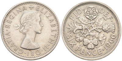 Великобритания 6 пенсов 1966 Елизавета II (1952-2022) KM 903, Spink 4149 медно-никель 4549-431