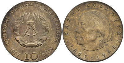 ГДР 10 марок 1967 100 лет со дня рождения Кете Кольвиц KM 17.1 серебро UNC 01-160-13-2