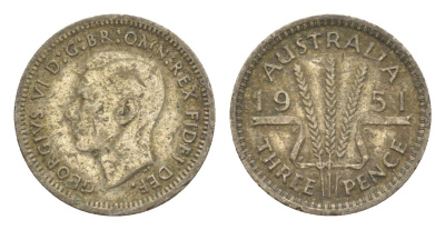 Австралия 3 пенса 1951 Георг V (1936-1952) KM 44 серебро 4588-935