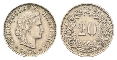 Швейцария 20 раппенов 1951 B KM 29a медно-никель 4705-868