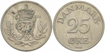 Дания 25 эре 1954 N; S, Фредерик IX (1947-1972) KM 842.1 медно-никель 86-1145