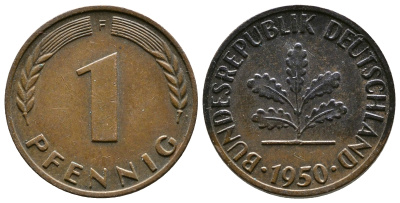 ФРГ 1 ПФЕННИГ 1950 F KM 105, J.380 сталь плакированная медью 261-1632