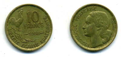 ФРАНЦИЯ 10 ФРАНКОВ 1958 KM 915.1 алюминиевая бронза 84-253