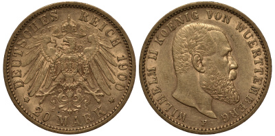 Вюртемберг 20 марок 1900 Вильгельм II J.296, KM 634 золото 00-000-00