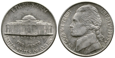 США 5 ЦЕНТОВ 1995 P, ДЖЕФЕРСОН KM А192 медно-никель 37-812