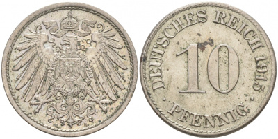 ГЕРМАНИЯ 10 ПФЕННИГОВ 1915 A J. 13, KM 12 медно-никель 73-1617