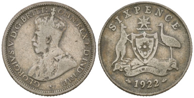 Австралия 6 пенсов 1922 Георг V (1910-1936) KM 25 серебро 71-229