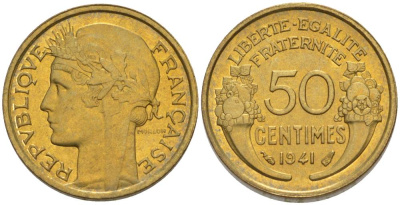 ФРАНЦИЯ 50 САНТИМОВ 1941 ТИП MORLON KM 894.1, LE FRANC 192.18 алюминиевая бронза 44-612